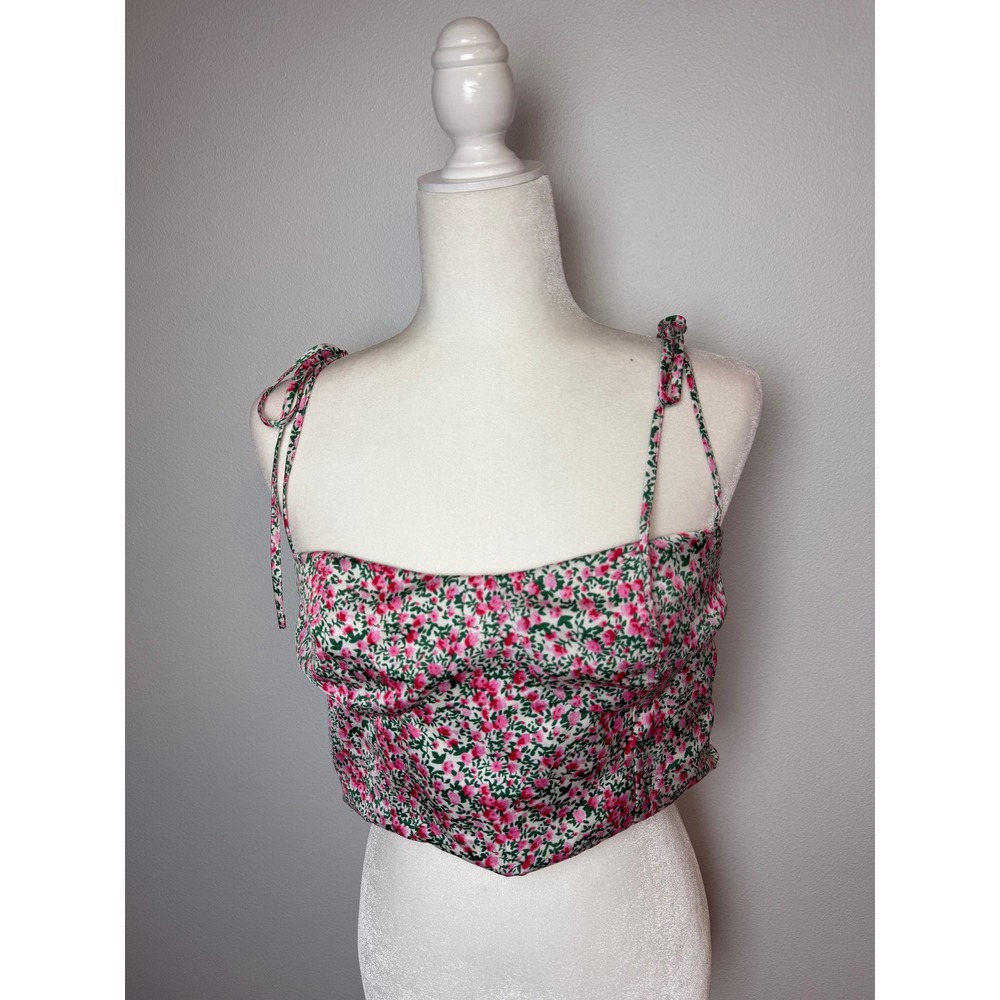 Lulus Pink Floral Corset Crop Top Square Neck Tie Strap Handkerchief Hem Large